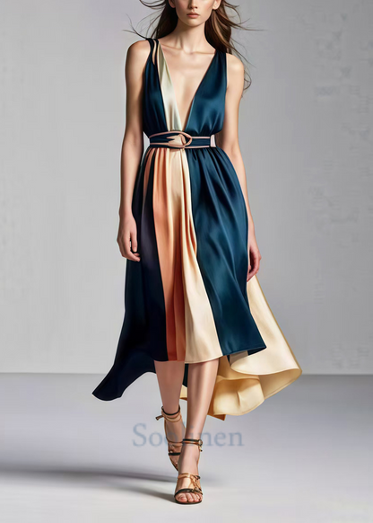 Blackish Green Cinched Patchwork Silk Party Dress Summer