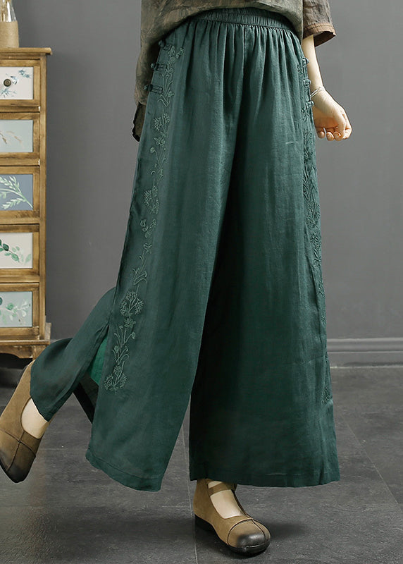 Blackish Green Embroidered Side Open Linen Crop Pants Spring