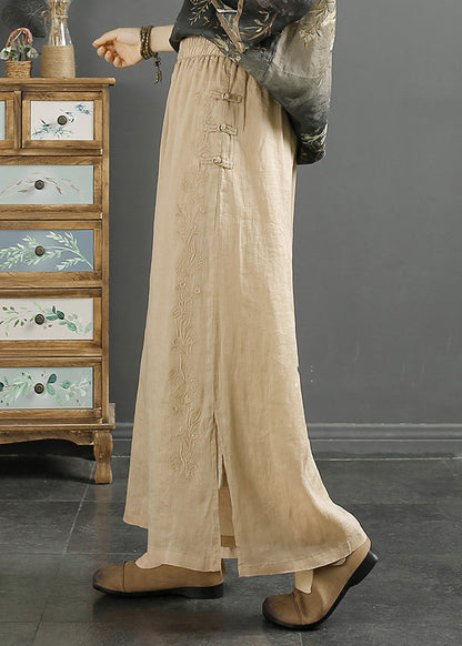 Blackish Green Embroidered Side Open Linen Crop Pants Spring