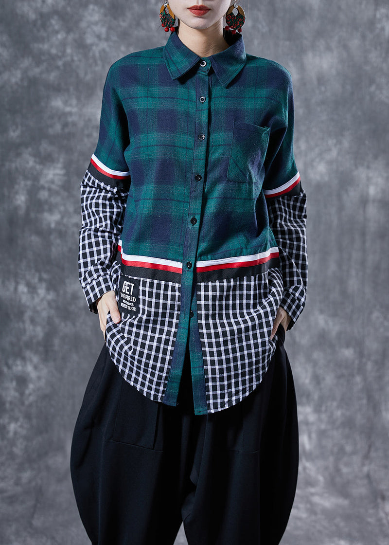 Blackish Green Peter Pan Collar Patchwork Plaid Cotton Shirts Spring