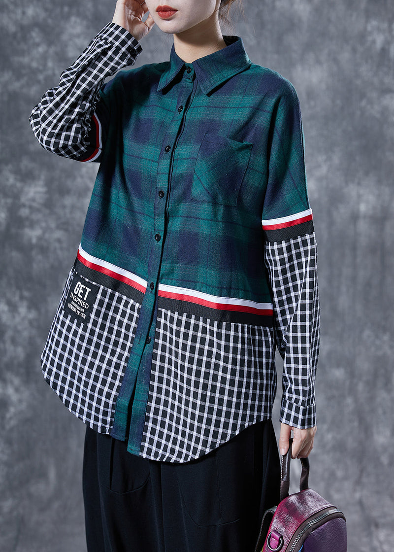 Blackish Green Peter Pan Collar Patchwork Plaid Cotton Shirts Spring