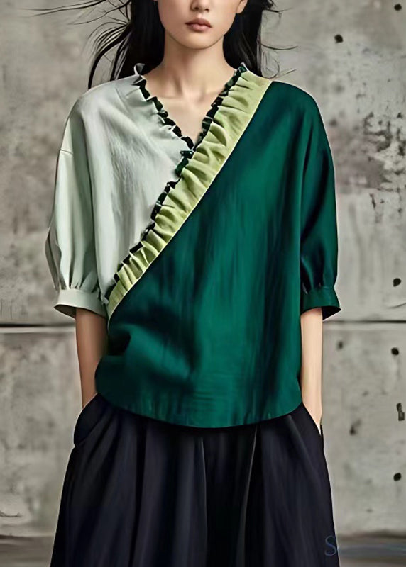 Blackish Green V Neck Patchwork T Shirt Summer