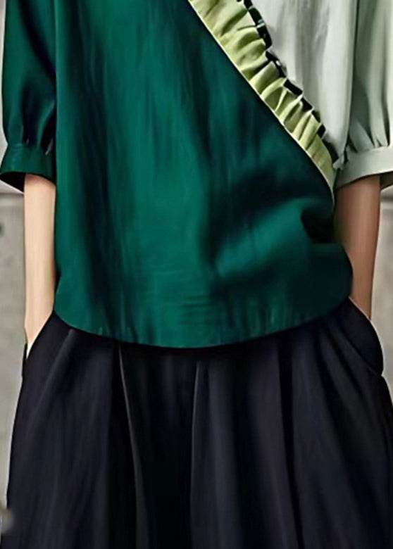 Blackish Green V Neck Patchwork T Shirt Summer