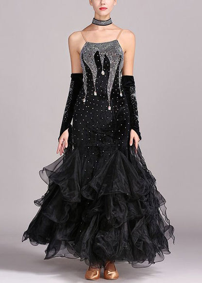 Blackish Green Zircon Tulle Patchwork Spaghetti Strap Dress Sleeveless