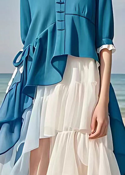 Blue Asymmetrical Patchwork Chiffon Dress Half Sleeve
