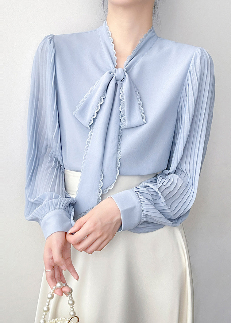 Blue Bow Draping Chiffon Pleated Shirts Spring