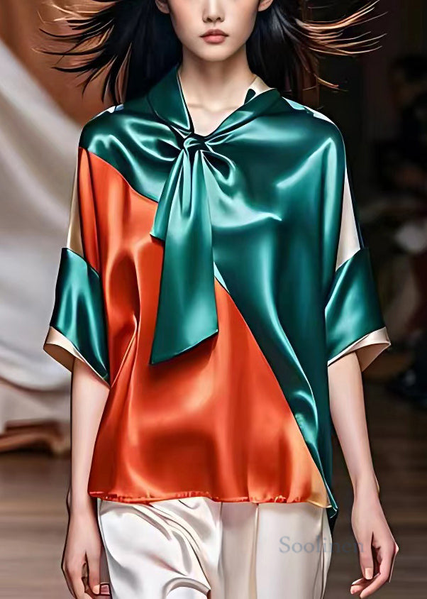 Blue Bow Patchwork Silk Top Half Sleeve