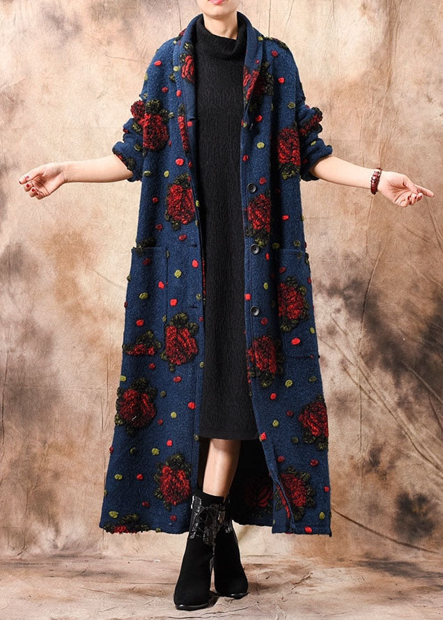 Blue Button Jacquard Winter Woolen Coats