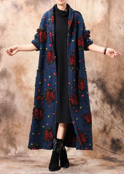 Blue Button Jacquard Winter Woolen Coats