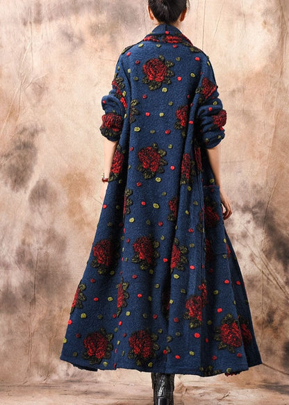 Blue Button Jacquard Winter Woolen Coats