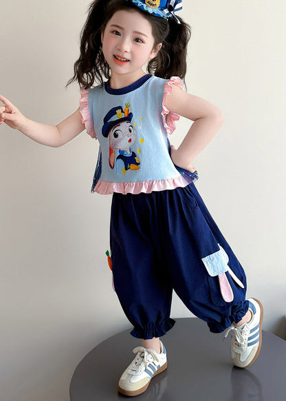Blue Cartoon Print Ruffled Vest and Crop Pants Two Piece Set Summer