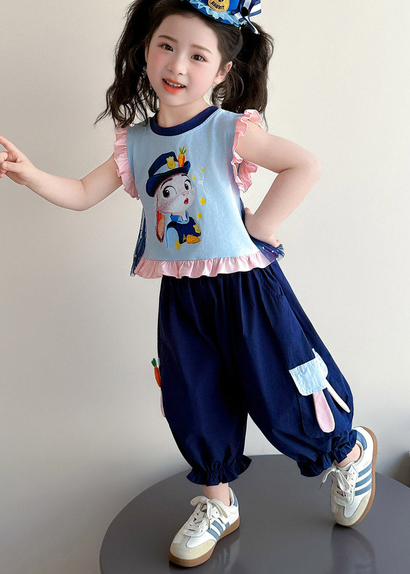 Blue Cartoon Print Ruffled Vest and Crop Pants Two Piece Set Summer