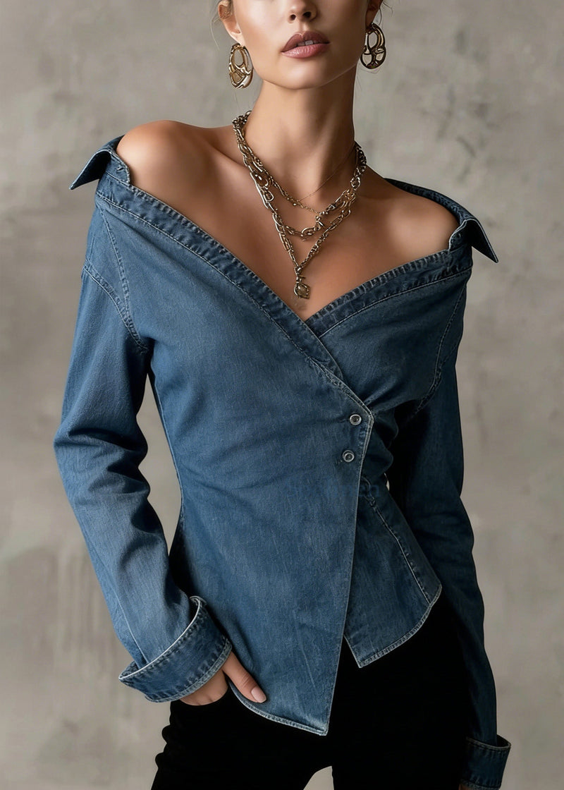Blue Cold Shoulder Asymmetrical Design Denim Shirts Spring