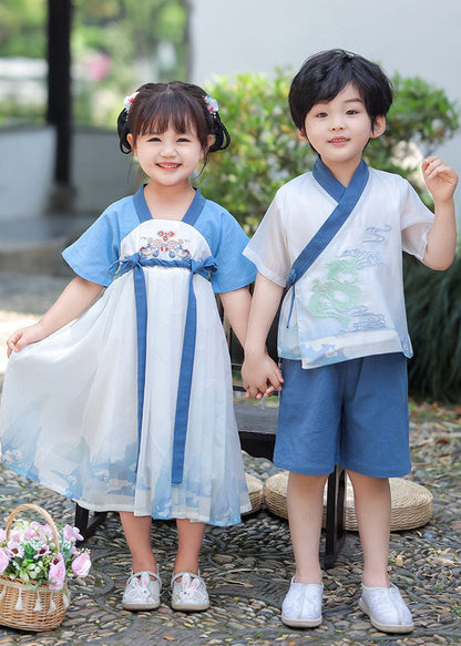 Blue Embroideried Patchwork Cotton Baby Dress Summer