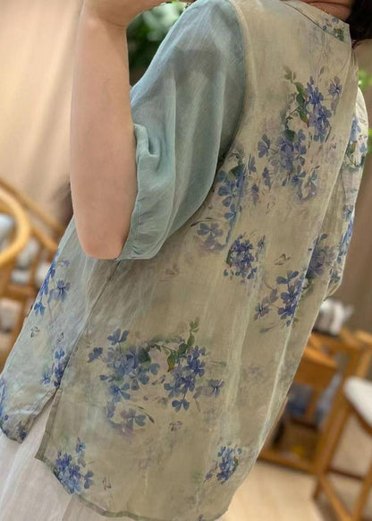 Blue Embroideried Print Patchwork Linen Tops Half Sleeve