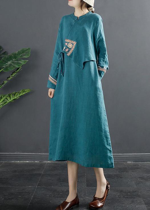 Blue Embroidery Quilting Clothes Patchwork Loose Dresses