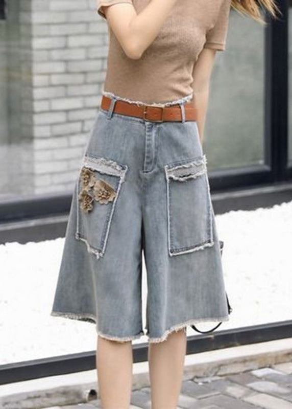 Blue High Waist Sashes Denim Crop Pants Summer