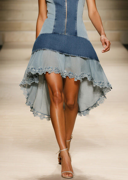 Blue Tulle Denim Spaghetti Strap Dress Summer