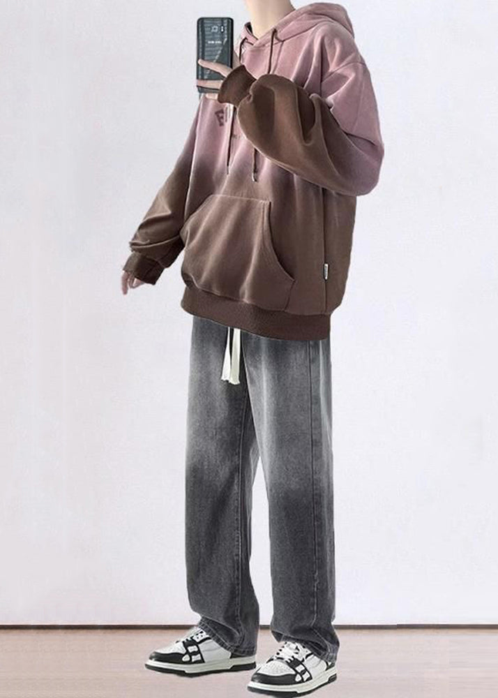 Blue Gradient Color Hooded Sweatshirts and Denim Pants Two Pieces Set Fall