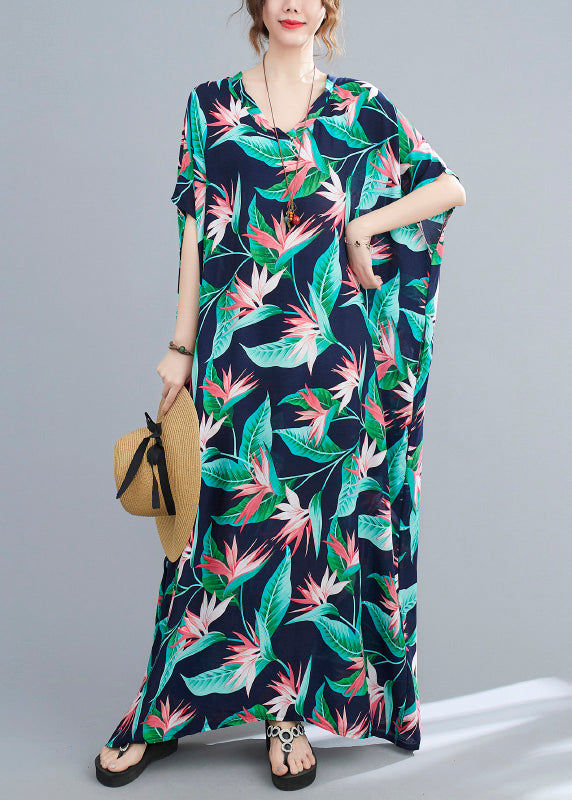 Blue Green V Neck Print Cotton Party Maxi Dress Summer