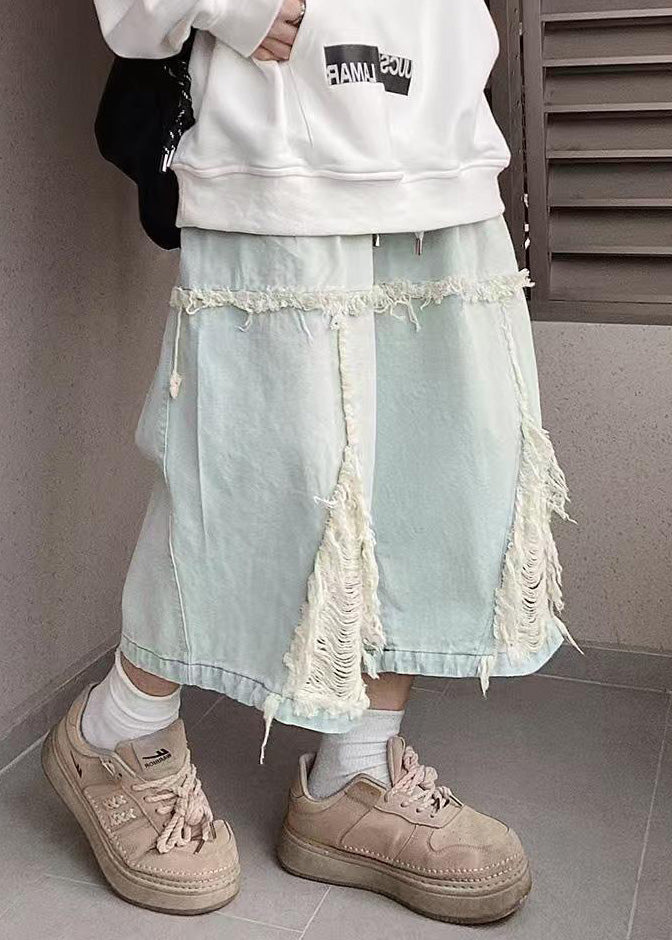 Blue Hole Elastic Waist Denim Shorts Summer