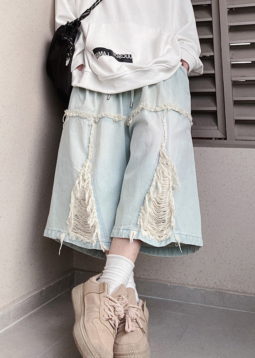 Blue Hole Elastic Waist Denim Shorts Summer