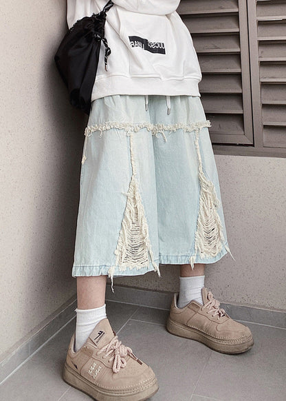 Blue Hole Elastic Waist Denim Shorts Summer