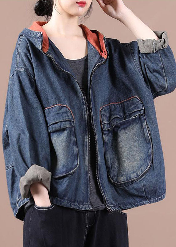 Blue Hooded Pockets Zippered Fall Denim Coat Long Sleeve