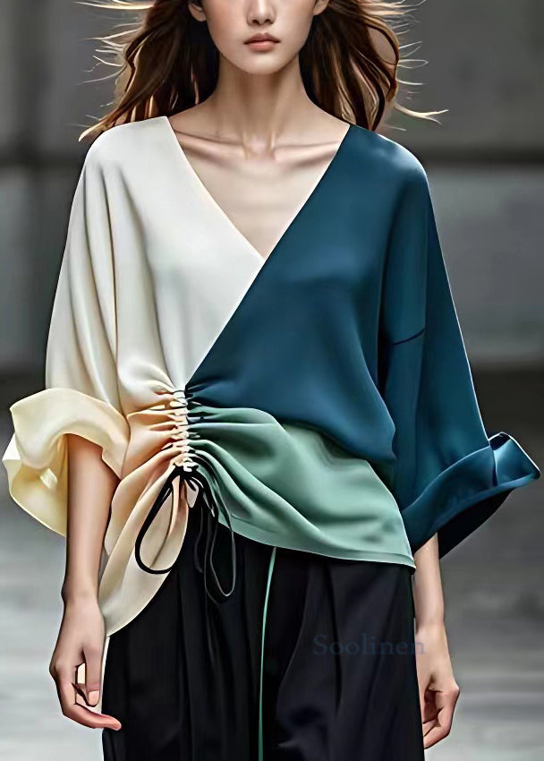 Blue Lace Up Patchwork Chiffon Shirt Bracelet Sleeve