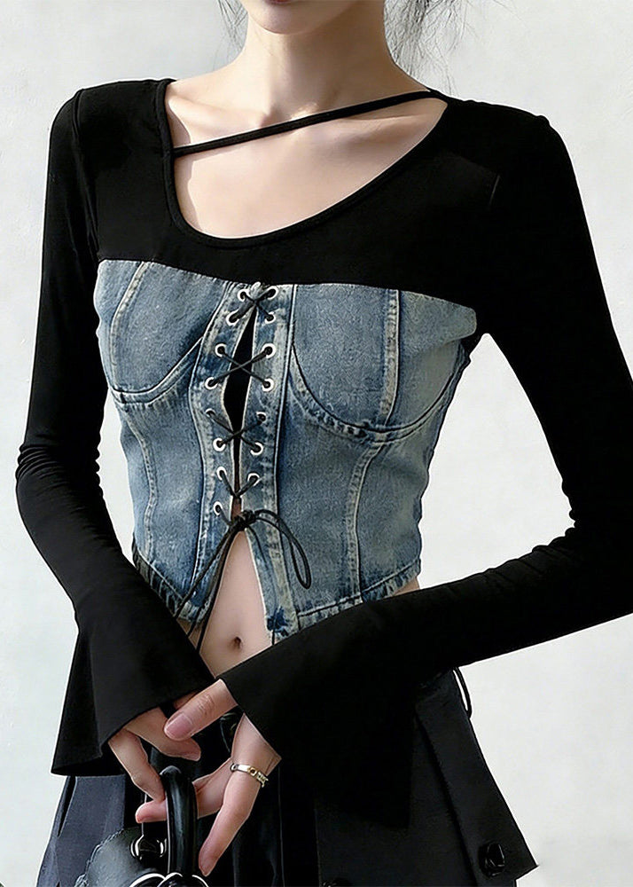 Blue Lace Up Patchwork Denim T Shirts Flare Sleeve
