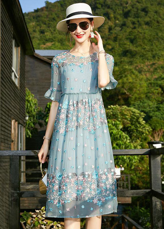 Blue O-neck Print Ruffled Silk Vacation Dresses Short Sleeve