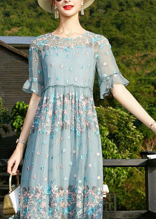 Blue O-neck Print Ruffled Silk Vacation Dresses Short Sleeve