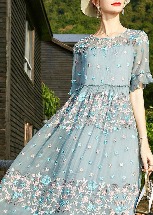 Blue O-neck Print Ruffled Silk Vacation Dresses Short Sleeve