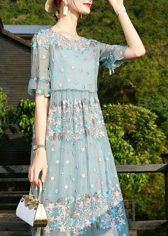 Blue O-neck Print Ruffled Silk Vacation Dresses Short Sleeve