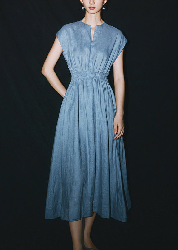 Blue O-neck Patchwork Linen Long Dresses Summer