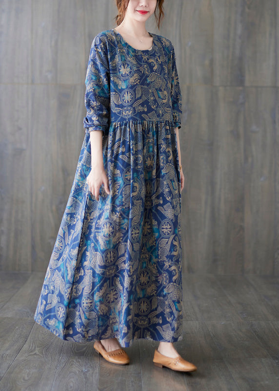Blue O-neck Print Patchwork Long Dress Summer
