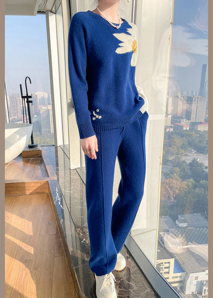 Blue O Neck Tops and Pants Cashmere Two Pieces Set Spring