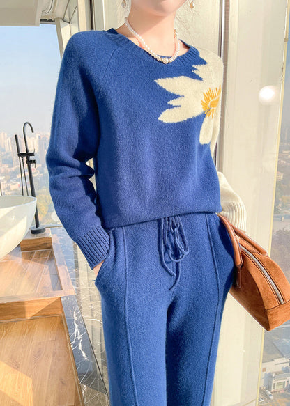 Blue O Neck Tops and Pants Cashmere Two Pieces Set Spring