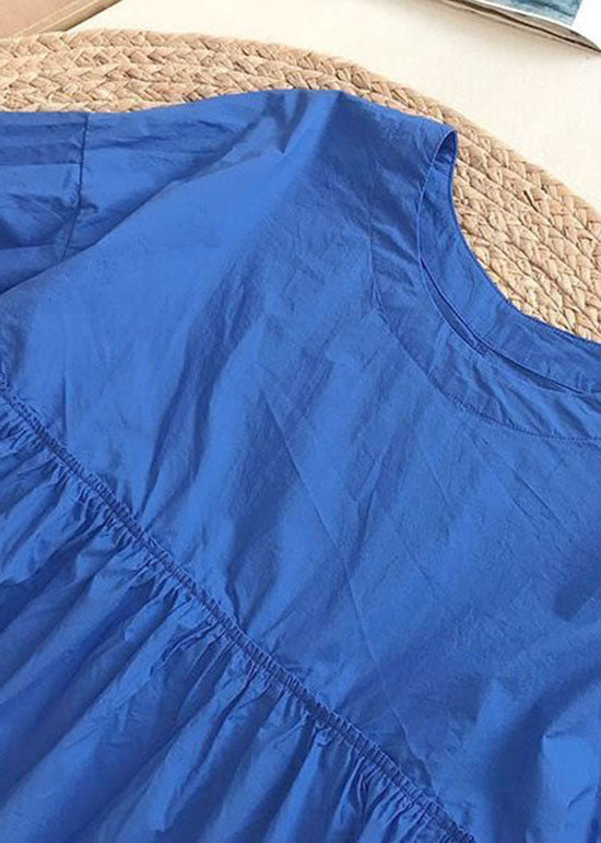 Blue O Neck Wrinkled Patchwork Cotton Shirt Tops Summer