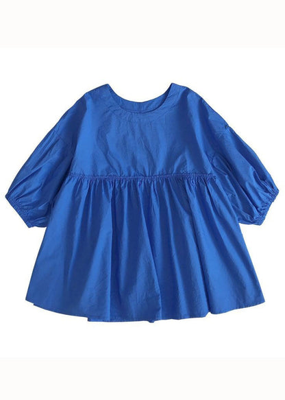 Blue O Neck Wrinkled Patchwork Cotton Shirt Tops Summer