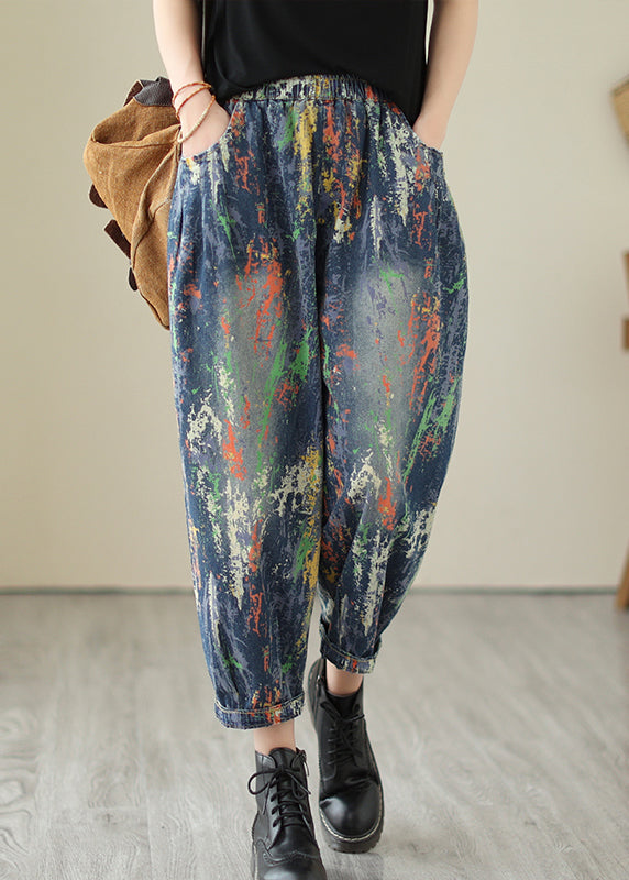 Blue Oversized Graffiti Denim Harem Pants Summer
