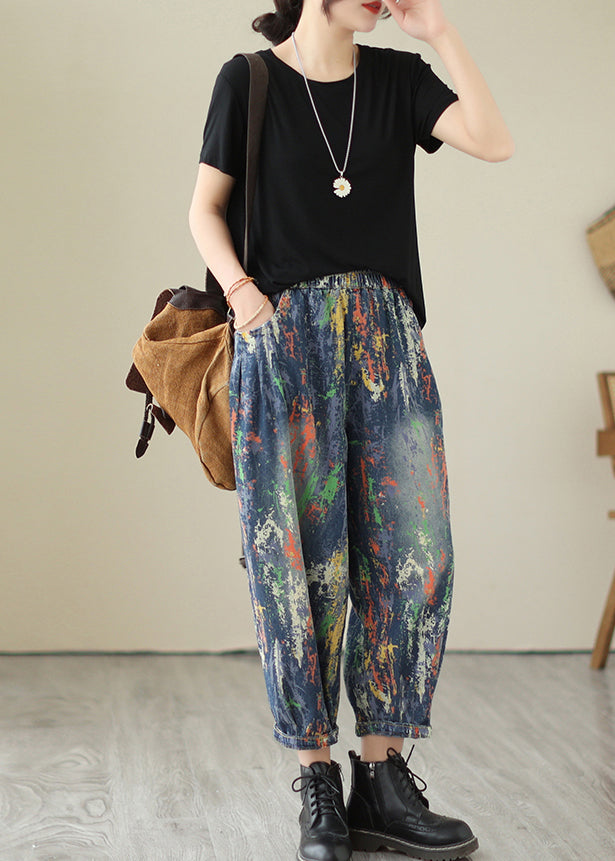 Blue Oversized Graffiti Denim Harem Pants Summer