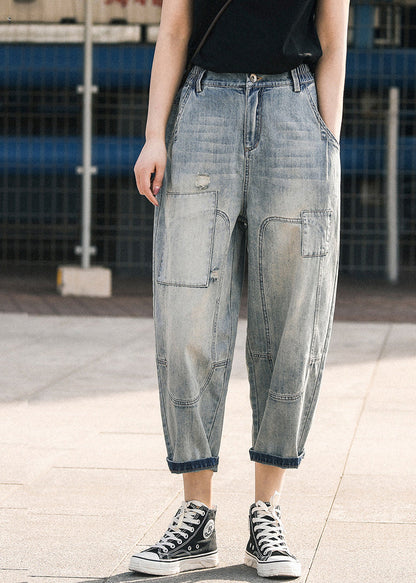 Blue Oversized Patchwork Applique Denim Ripped Pants Summer