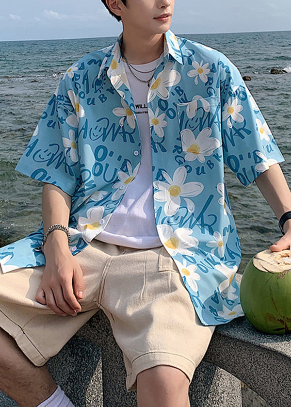 Blue Peter Pan Collar Print Hawaiian Shirts Summer