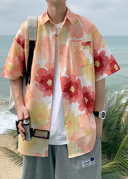 Blue Peter Pan Collar Print Hawaiian Shirts Summer
