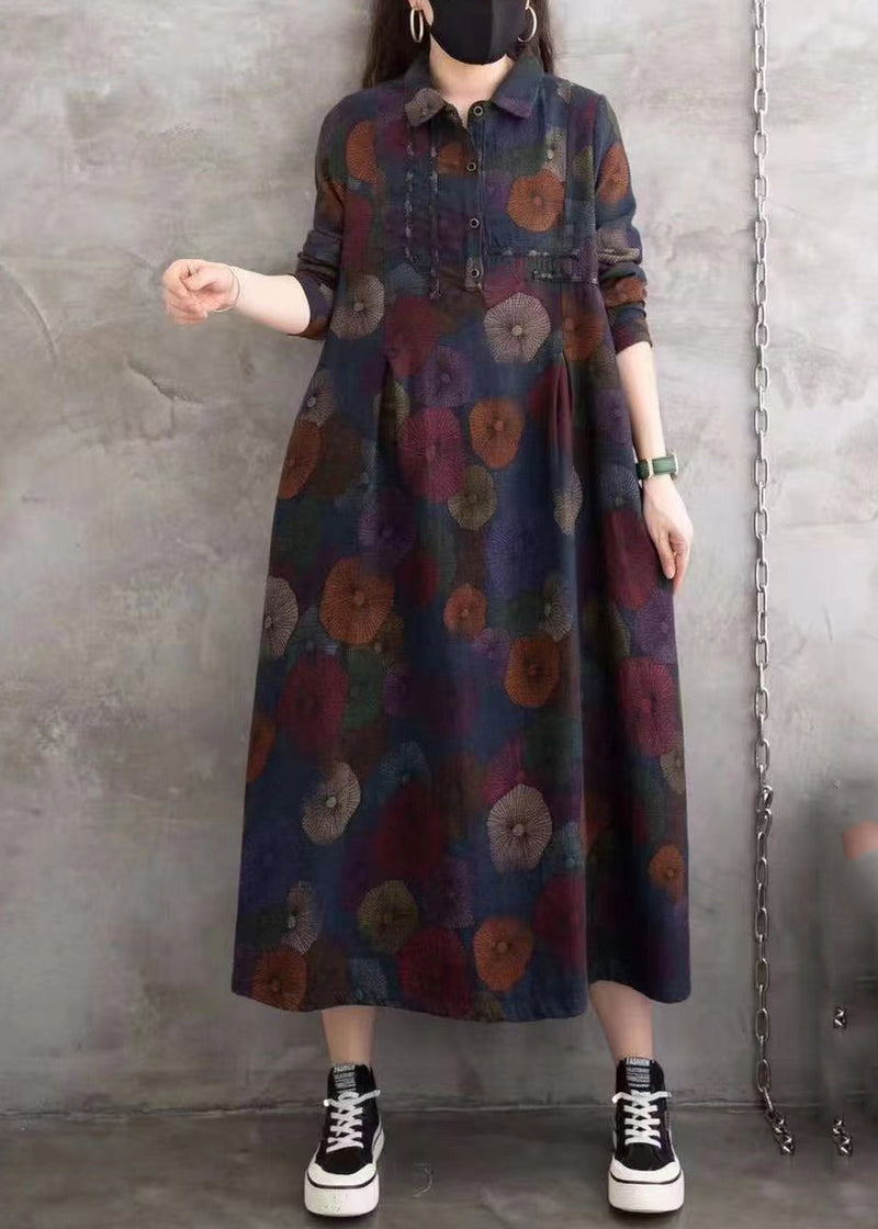 Blue Peter Pan Collar Print Wrinkled Button Long Shirts Dress Spring