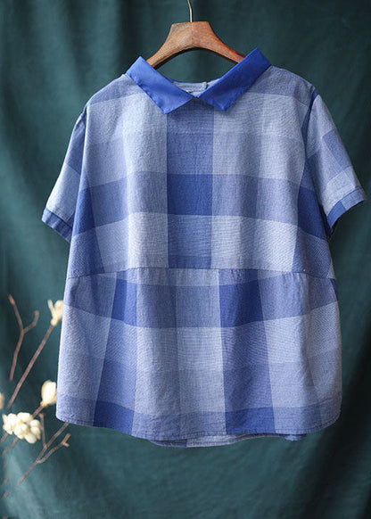 Blue Plaid Peter Pan Collar Patchwork Linen Shirt Tops Summer