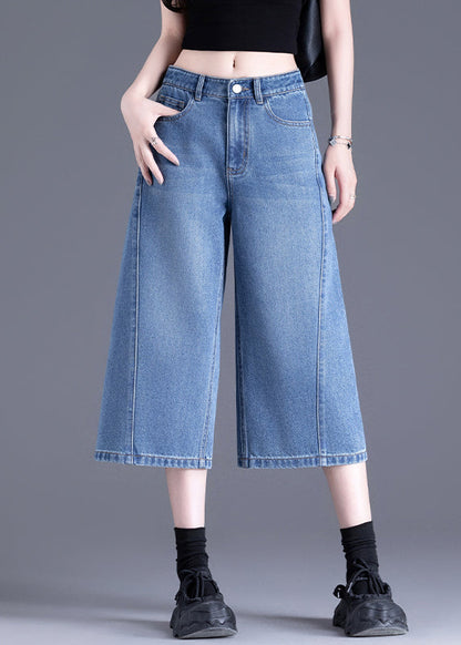 Blue Pockets Denim Crop Pants Summer