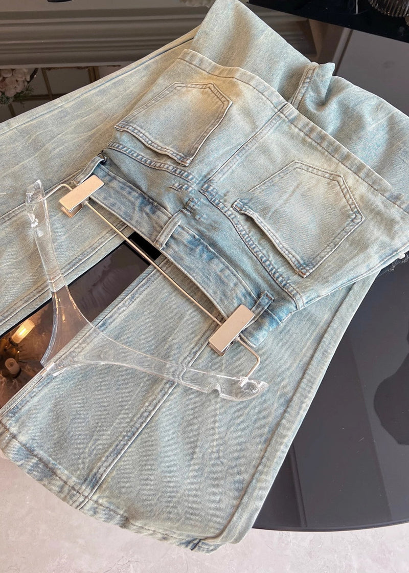 Blue Pockets False Two Pieces Patchwork Denim Pants Fall