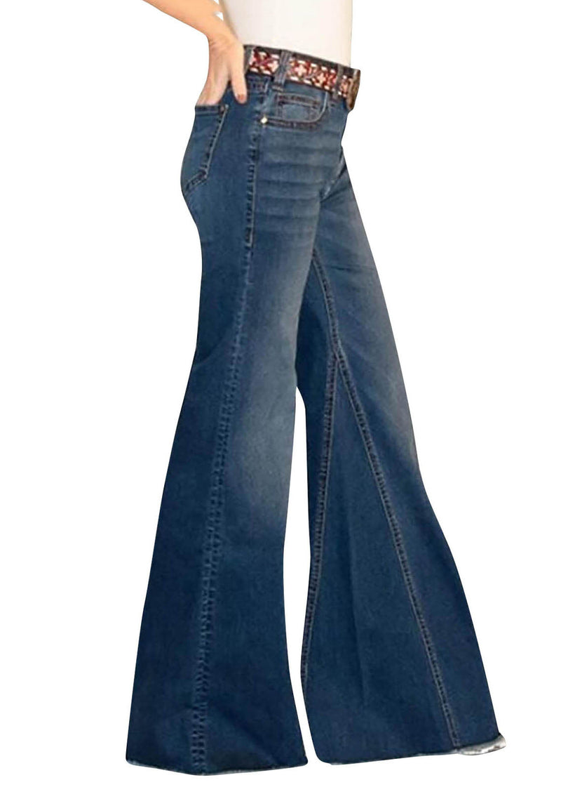 Blue Pockets Patchwork Denim Wide Leg Pants Summer